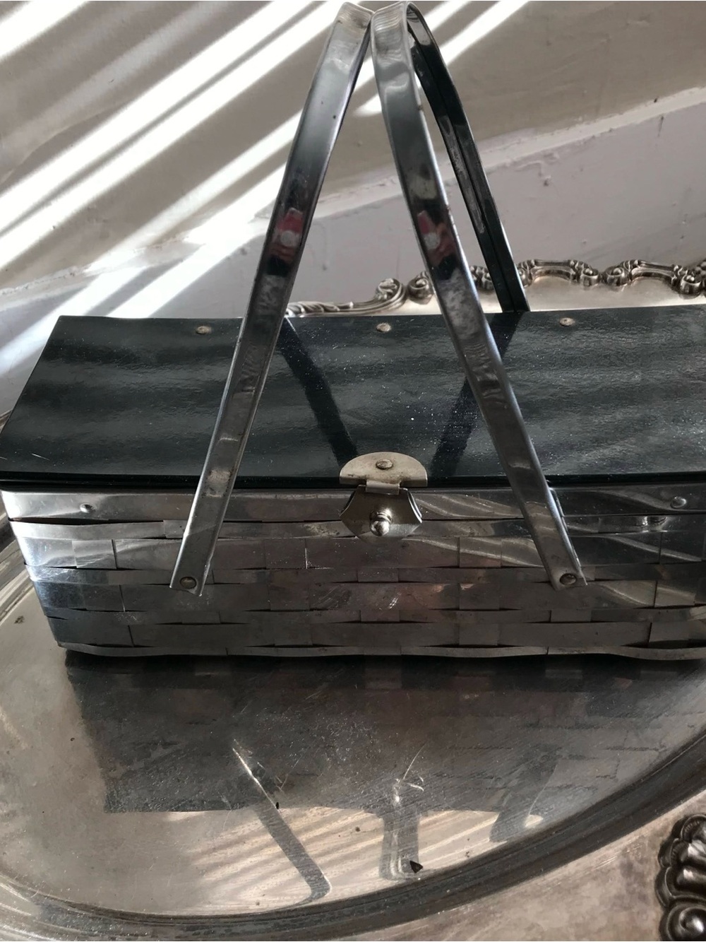 Vintage Silver and Black Metal Top Handle Basket Bag